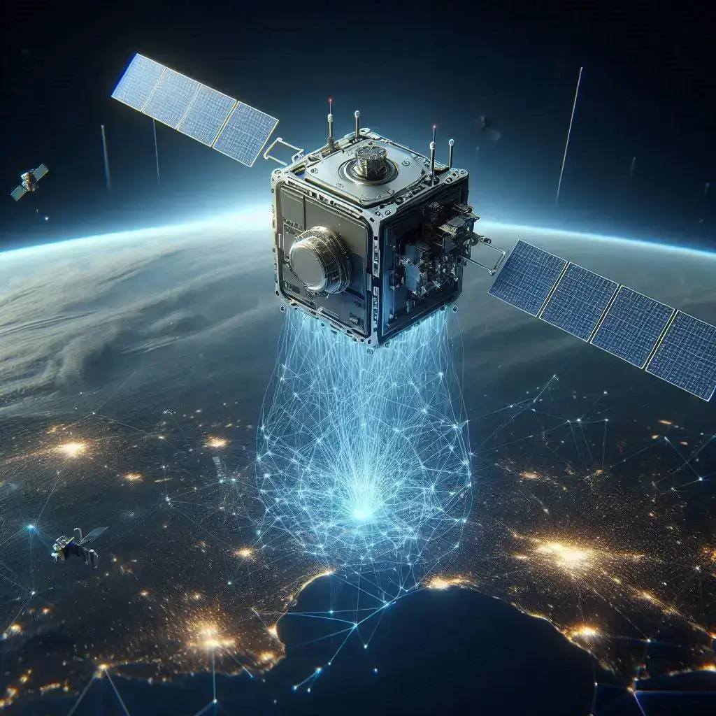 CubeSat satellite in low Earth orbit, equipped with advanced AI processors