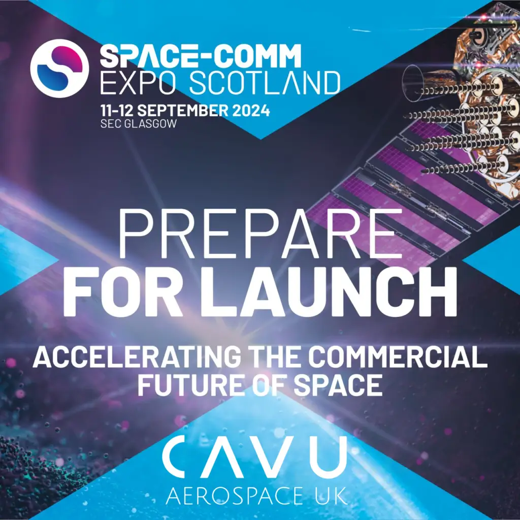 CAVU Aerospace UK booth at Space-Comm Expo Scotland 2024 featuring satellite subsystem displays.