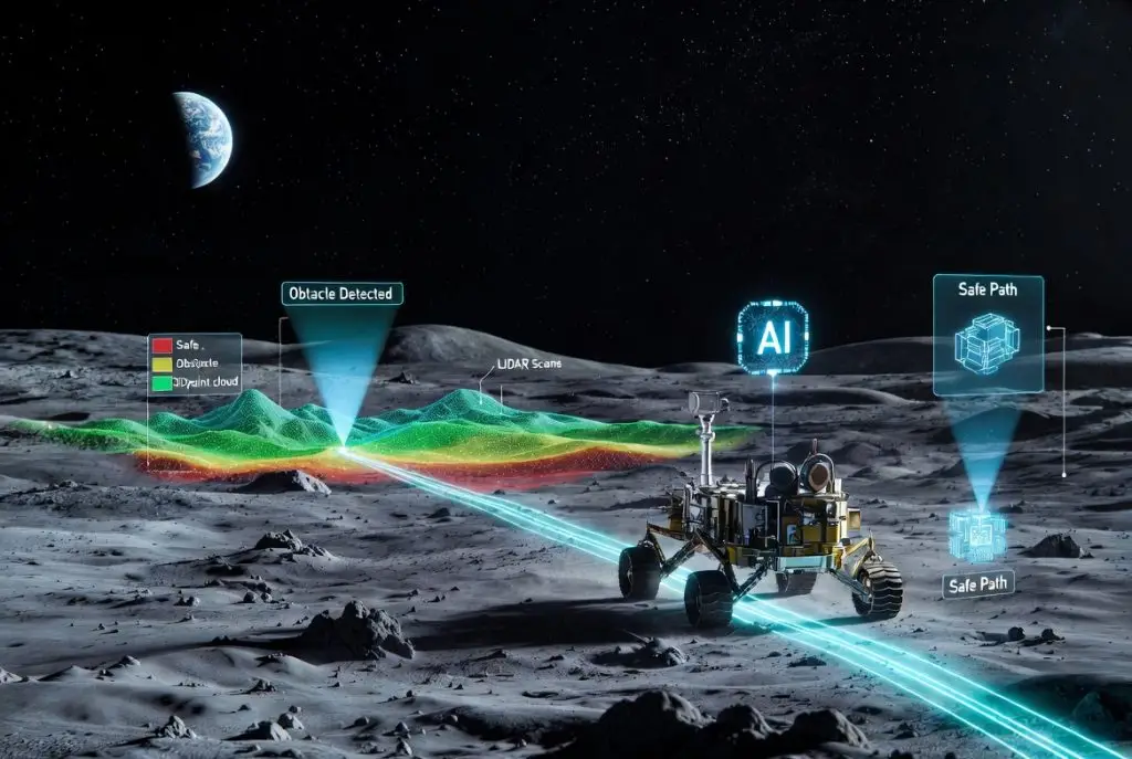 Autonomous Lunar Exploration, OBC-Hyper-Polar, NVIDIA Jetson AGX Orin, lunar exploration, Moon, onboard decision-making, spacecraft, Artificial Intelligence, lunar surface, onboard computing, lunar rovers, regolith hazards, Earth, AI-Powered Terrain Relative Navigation, Terrain Relative Navigation, LiDAR, Deep-learning-based visual odometry, dead-reckoning, planetary exploration, Space Applications, • Star trackers, Edge AI Processing, Sensor Fusion, Sun sensors, dust contamination, onboard computer, OBC, command-and-control system, Satellite, Mars Rover, Moon Rover