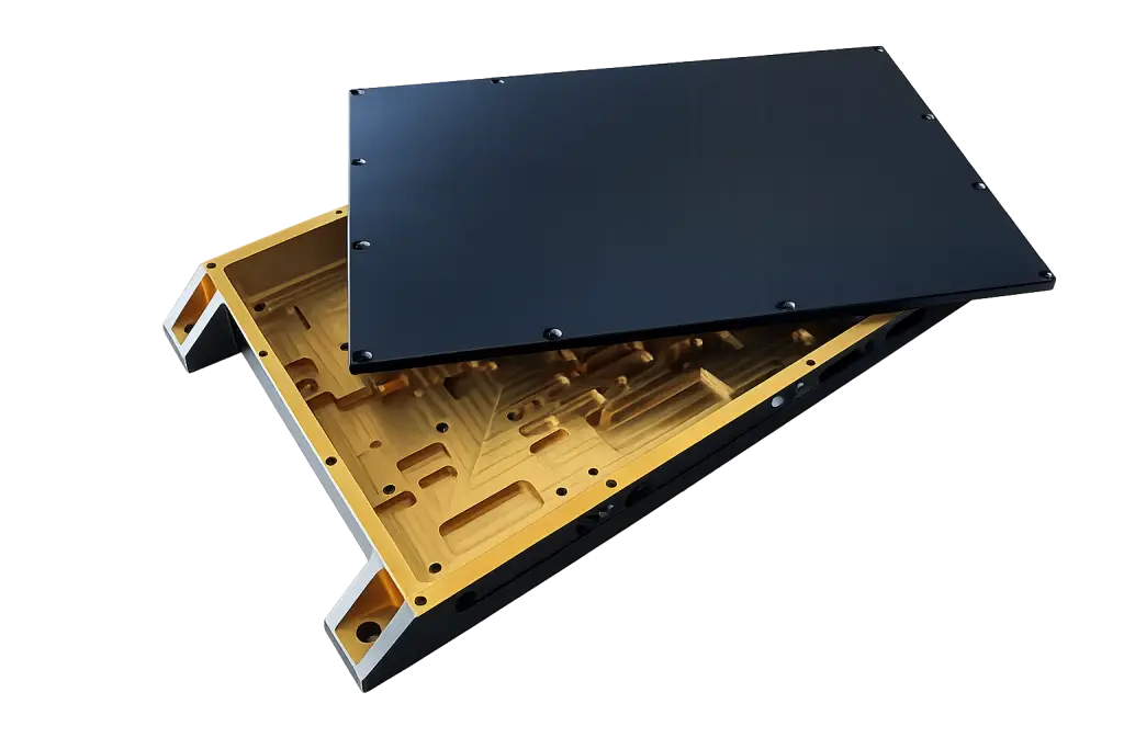 Surface Coating, Onboard Computer, Space Missions, protective housing, spacecraft engineering, thermal management system, contamination control strategy, corrosion protection, aerospace-grade, AL6061-T6, AL7075-T6, Full Alodine, Chromate Conversion Coating, Full Anodized, spacecraft system, high strength-to-weight ratio, machinability, LEO, MEO, GEO, deep-space missions, Chem Film, EMI shielding, EMI/EMC, Anodized Aluminium, clear Anodize, Natural Anodize, black Anodize, spacecraft, radiation, convection, low solar absorptivity, passive thermal management, multilayer insulation, Electrical Bonding, SpaceWire, CAVU Aerospace, CAVU, Space, Aluminium Onboard Computer Chassis