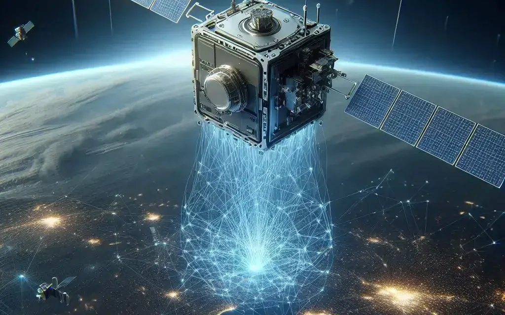 CubeSat satellite in low Earth orbit, equipped with advanced AI processors